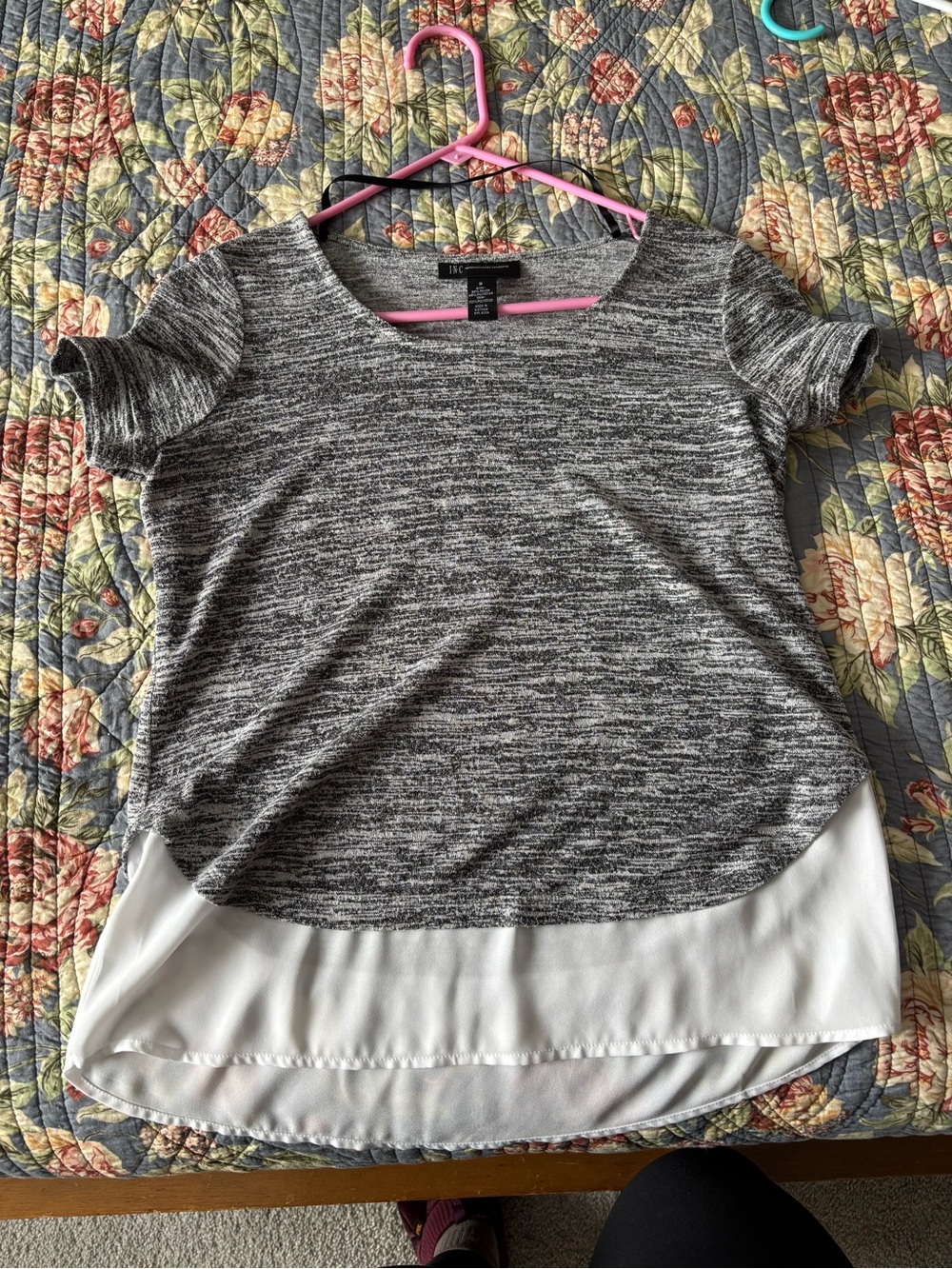 INC International Concepts Gray Short Sleeve Layered Hem Top with White Chiffon